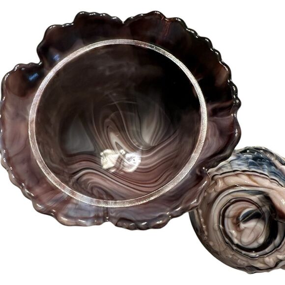 Imperial Glass Purple Slag Footed Covered Candy Jar 1960’s marbled pattern - Picture 7 of 11